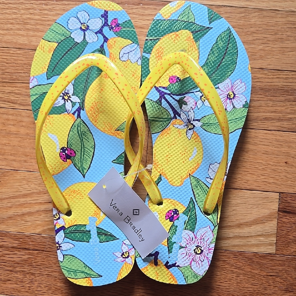 Vera Bradley Blue and Yellow Lemon Floral Flip Flops